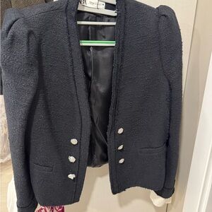 Zara Black Textured Blazer with Jewel Buttons